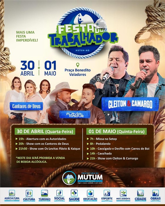Festa do Trabalhador em Mutum-MG - Cantores de Deus, Flávio e Kaíque, Cleiton e Camargo